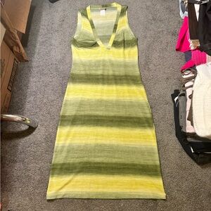 Glam Vintage Multi-Green Striped Midi Dress